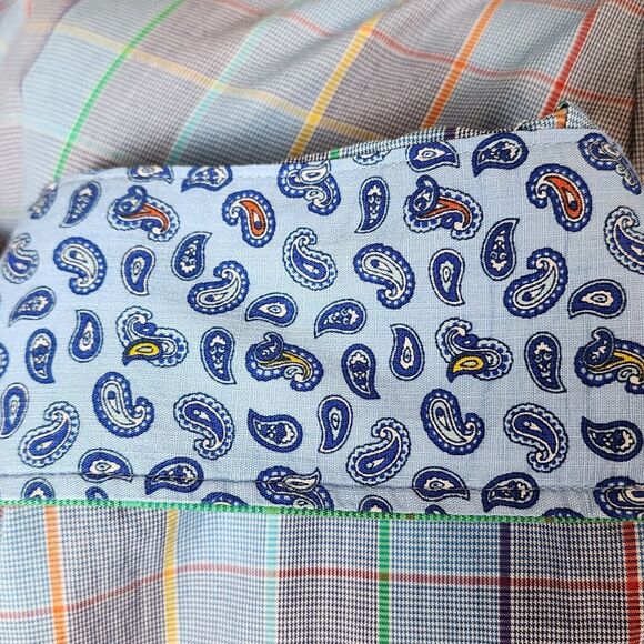 Alan Flusser Blue Check Button Down Oxford Shirt Flip Cuff Size M - Picture 4 of 8